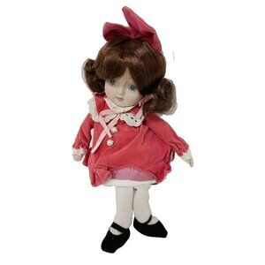 VTG 1980s Enesco Baby Doll Girl Music Box With Red Dress Ceramic Shelf Sitter